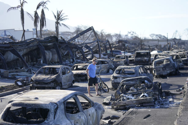 A man walks through wildfire wreckage in Lahaina, Hawaii, on Aug. 11, 2023. (Rick Bowmer/AP Photo)