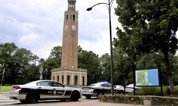 Law enforcement respond to the University of North Carolina at Chapel Hill campus in Chapel Hill, N.C., on Aug. 28, 2023, after the university locked down and warned of an armed person on campus. (Hannah Schoenbaum/AP Photo)