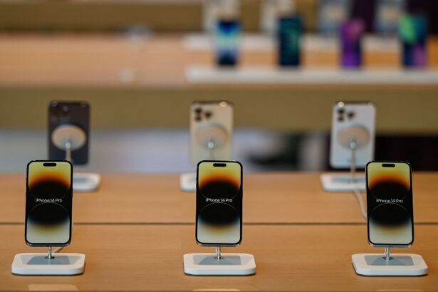 iPhones are on display inside the new Apple retail store during a media preview on the eve of its opening in Mumbai on April 17, 2023. (Punit Paranjpe/AFP via Getty Images)