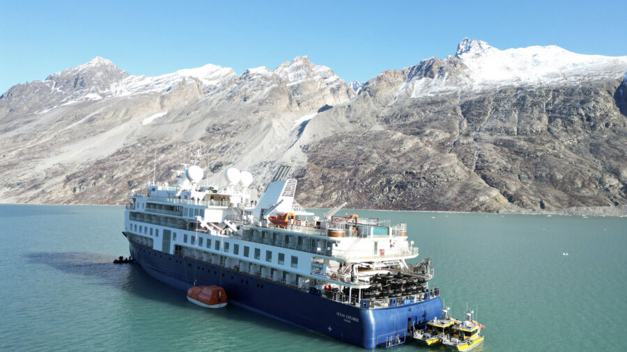 Stranded Luxury Cruise Ship MV Ocean Explorer Is Pulled Free at High Tide in Greenland