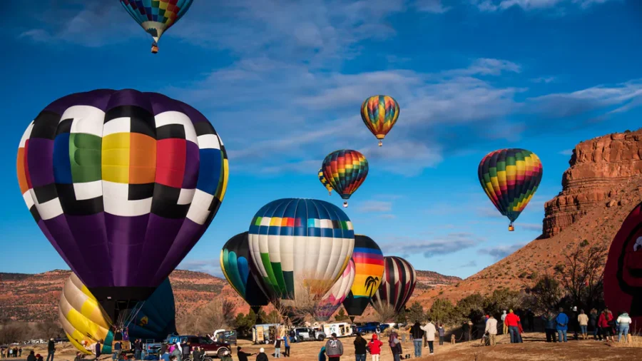 Hot Air Balloons Float in the Skies Above Albuquerque, New Mexico