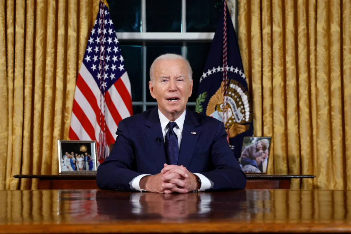 President Joe Biden addresses the nation on the conflict between Israel and Hamas and the Russian invasion of Ukraine from the Oval Office of the White House on Oct. 19, 2023. (Jonathan Ernst/Pool/AFP via Getty Images)