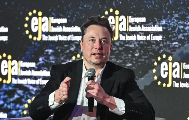 Elon Musk speaks during live interview with Ben Shapiro at the symposium on fighting antisemitism in Krakow, Poland, on Jan. 22, 2024. (Omar Marques/Getty Images)