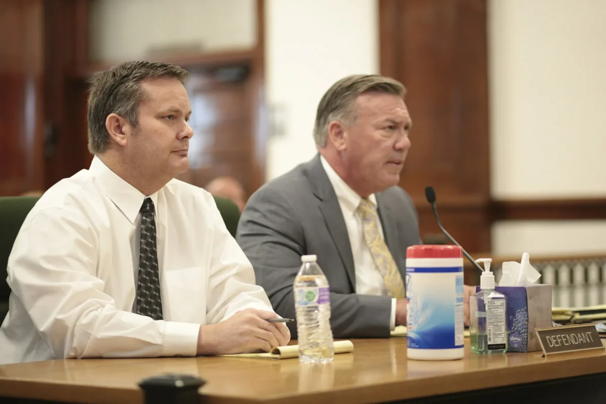 Chad Daybell, (L), sits with his defense attorney John Prior during his preliminary hearing in St. Anthony, Idaho, on Aug. 4, 2020. (John Roark/Post Register via AP)