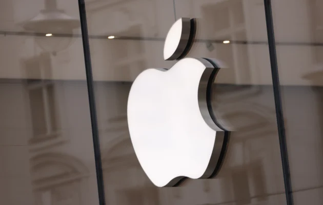 The Apple logo hangs on an Apple Store in Berlin, Germany, on March 25, 2024. (Sean Gallup/Getty Images)