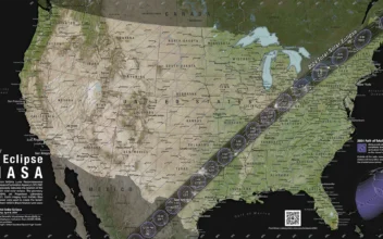 A graphic visualization of the path of totality and partial contours crossing the U.S. for the 2024 total solar eclipse occurring on April 8, 2024. (Courtesy of NASA's Scientific Visualization Studio)