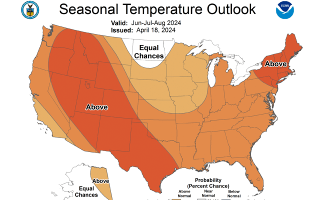 The summer forecast map issued on April 18, 2024, shows that nearly the entire nation is expected to see above-average temperatures (shown in orange and red). (NOAA)