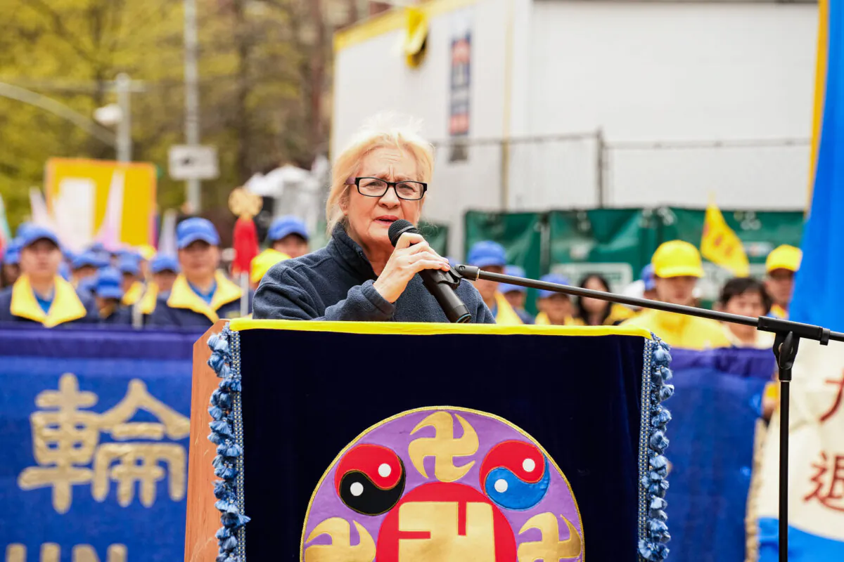 Martha Flores-Vazquez, a Democratic district leader from Queens, speaks at a Falun Gong rally