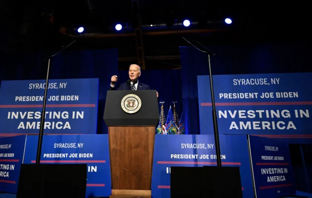 President Joe Biden speaks on "how the CHIPS and Science Act and his Investing in America agenda are growing the economy and creating jobs" at the Milton J. Rubenstein Museum in Syracuse, N.Y., on April 25, 2024. (Andrew Caballero-Reynolds/AFP via Getty Images)