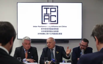 (L-R) Conservative MP Tim Loughton, former Conservative leader, Iain Duncan Smith and SNP's former defense spokesman Stewart McDonald from the Inter-Parliamentary Alliance on China, hold a press conference in central London on March 25, 2024. (Daniel Leal / AFP via Getty Images)