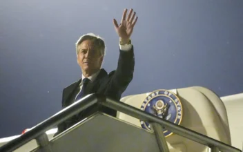 US Secretary of State Antony Blinken waves as he prepares to return to US following a visit to China, at the Beijing Capital International Airport in Beijing on April 26, 2024. (Mark Schiefelbein / POOL / AFP via Getty Images)