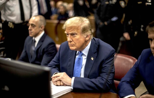 Former President Donald Trump appears in court during his trial for allegedly covering up hush money payments at Manhattan Criminal Court in New York on April 26, 2024. (Dave Sanders/Pool via Getty Images)