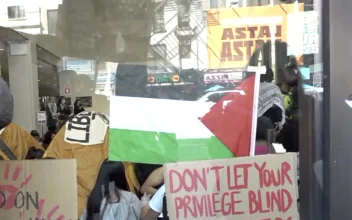 Anti-Israel student protesters occupy a museum building at the Fashion Institute of Technology in New York on April 25, 2024, in a still from video released by NTD. (NTD)