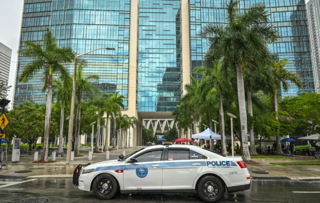 A police car sits in front of the Wilkie D. Ferguson Jr. United States Federal Courthouse in Miami, Fla., on June 12, 2023. (Giorgio Viera/AFP via Getty Images)