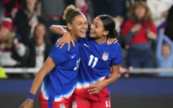 Sophia Smith #11 and Trinity Rodman #22 of the United States celebrate a goal during the second half 2024 SheBelieves Cup against Canada at Lower.com Field in Columbus, Ohio on April 9, 2024. (Jason Mowry/Getty Images)