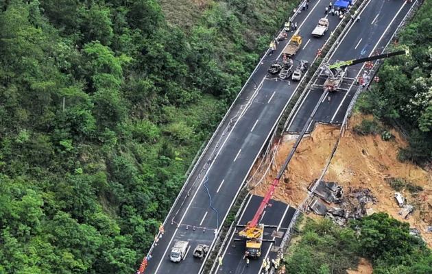 A section of a highway collapsed in Meizhou, south China's Guangdong Province, on May 1, 2024.  (Xinhua News Agency via AP)