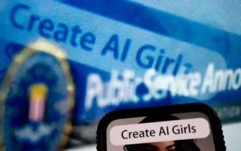 An advertisement to create AI girls reflected in a public service announcement issued by the FBI regarding malicious actors manipulating photos and videos to create explicit content and sextortion schemes in Washington on July 18, 2023. (Stefani Reynolds/AFP via Getty Images)