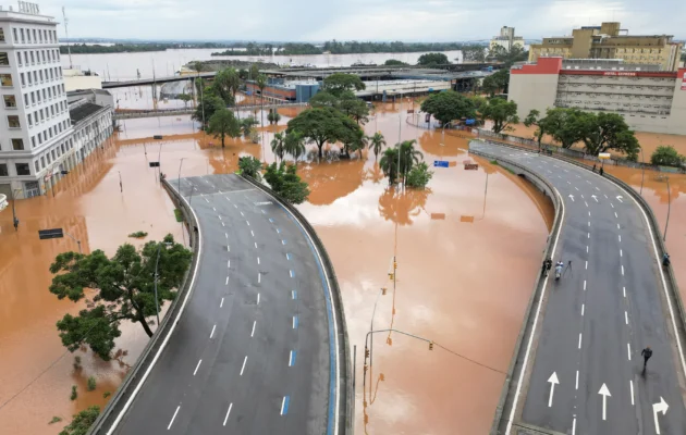 A flooded city center in Rio Grande do Sul state, Brazil, on May 5, 2024. (Renan Mattos/Reuters)