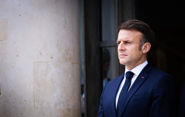French President Emmanuel Macron waits for Chinese leader Xi Jinping for a meeting at the Elysee Palace in Paris on May 6, 2024. (Amaury Cornu/Hans Lucas/AFP via Getty Images)
