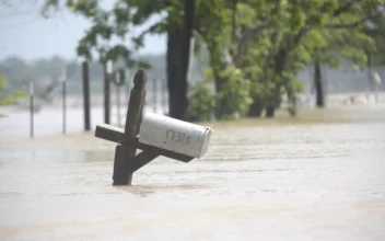 A mailbox is partially submerged on a flooded street in an unincorporated area in east Harris County near Houston on May 5, 2024. (Lekan Oyekanmi/AP Photo)