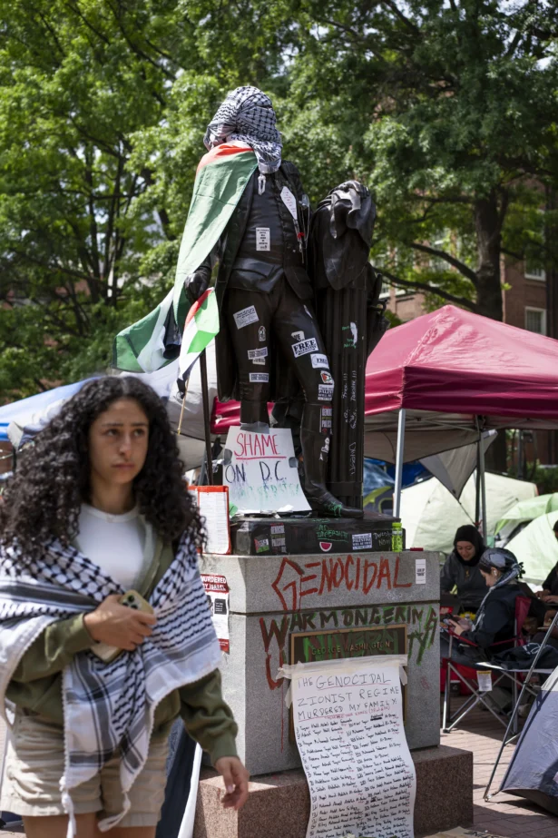Encampment of students protesting at George Washington University in Washington on May 3, 2024. (Madalina Vasiliu/The Epoch Times)