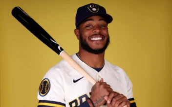 Monte Harrison #3 of the Milwaukee Brewersposes for a portrait during photo day at American Family Fields of Phoenix in Phoenix, Ariz., on Feb. 22, 2023. (Steph Chambers/Getty Images)