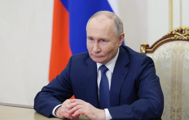 Russian President Vladimir Putin chairs a Security Council meeting via a videoconference in Moscow on May 13, 2024. (Alexei Babushkin/Pool/AFP via Getty Images)
