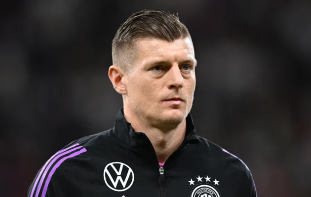 Toni Kroos of Germany  looks on prior to the international friendly match between Germany and The Netherlands at Deutsche Bank Park in Frankfurt am Main, Germany, on March 26, 2024. (Stuart Franklin/Getty Images)
