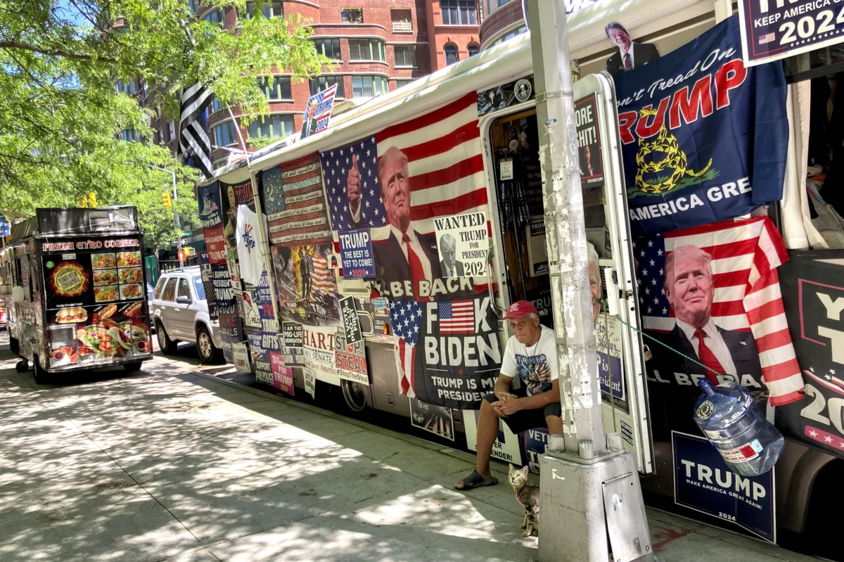 Rocky Granata sits in the doorway of his bus in New York on May 24, 2024. (Karen Matthews/AP Photo)