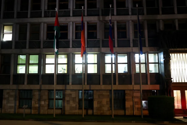 A Palestinian flag hangs outside the parliament after the Slovenian parliament approved the recognition of an independent Palestinian state, in Lubljana, Slovenia on June 4, 2024. (Borut Zivulovic/Reuters)
