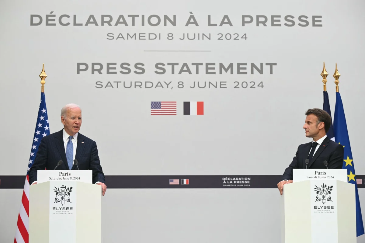 U.S. President Joe Biden (L) and French President Emmanuel Macron address the media during press statements following a bilateral meeting as part of President Biden's state visit to France, at the Presidential Elysee Palace in Paris on June 8, 2024. (Saul Loeb/AFP via Getty Images)