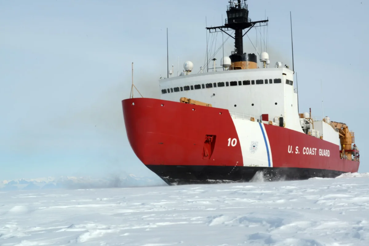 The Coast Guard Cutter USCGC Polar Star breaks through Antarctic sea ice near the National Science Foundation's McMurdo Station on Jan. 15, 2017. (Chief Petty Officer David Mosley/U.S. Coast Guard)