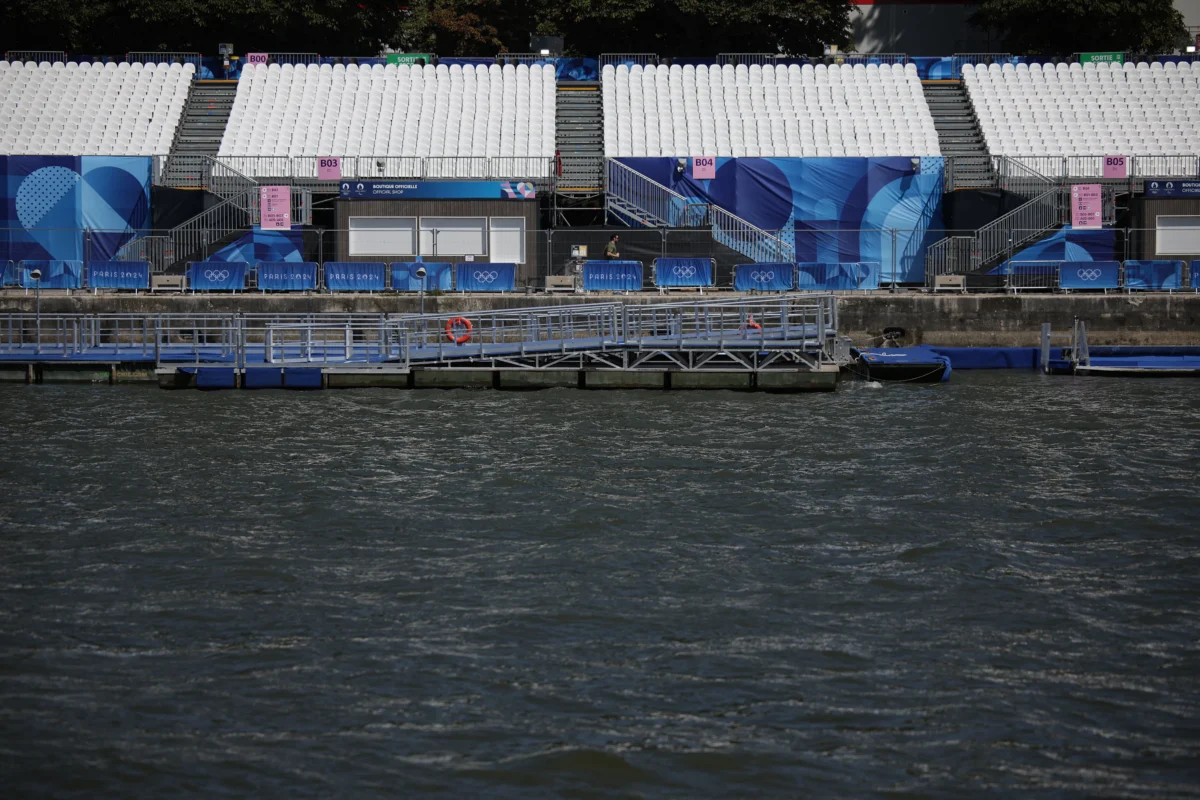 Empty stands on the banks of the Seine river, after the first triathlon training session was cancelled due to the pollution of the Seine river during the Olympic Games in Paris, on July 28, 2024. (Valentine Chapuis/AFP via Getty Images)