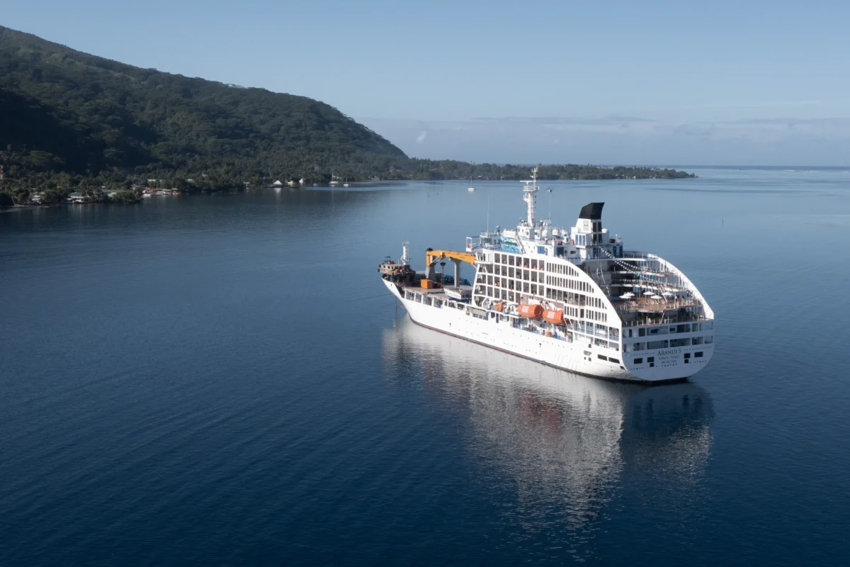A general view of the Aranui 5 cruise ship that some athletes competing in the Olympic Surfing will be living on during the competition window in Teahupo'o, French Polynesia, on July 25, 2024. (Sean M. Haffey/Getty Images)