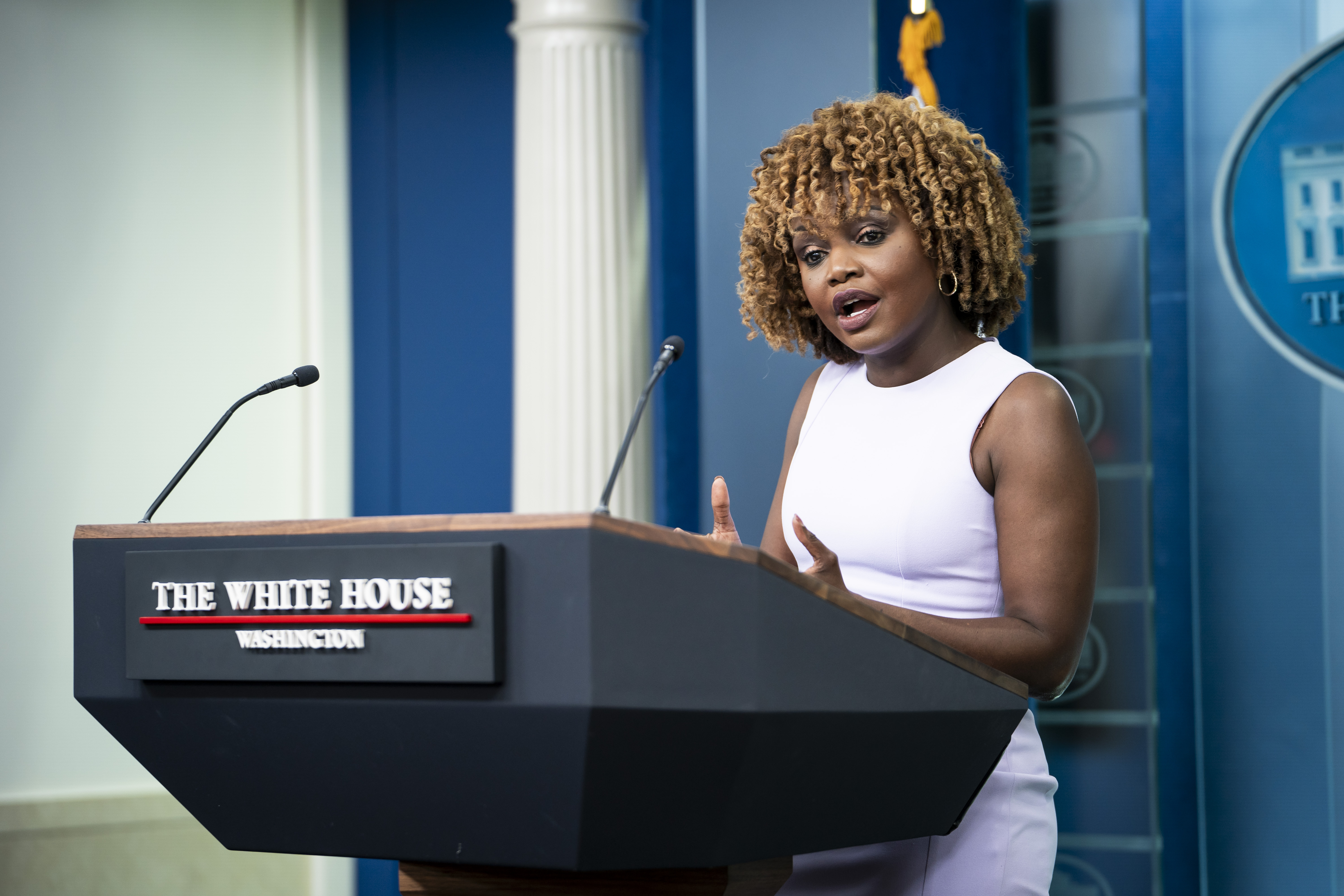 Karine Jean Pierre speaking at a press briefing