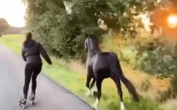 German Woman Skates With Her Horse Into the Sunset