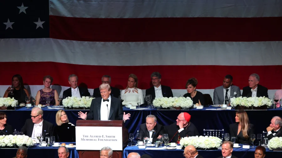 Trump Delivers Remarks at Al Smith Dinner in New York, Harris Speaks in Prerecorded Video