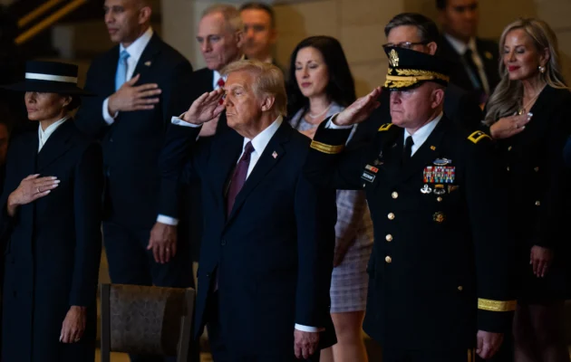 President Donald Trump reviews the troops in Emancipation Hall during inauguration ceremonies at the US Capitol in Washington on Jan. 20, 2025. (Angelina Katsanis/Pool/AFP via Getty Images)