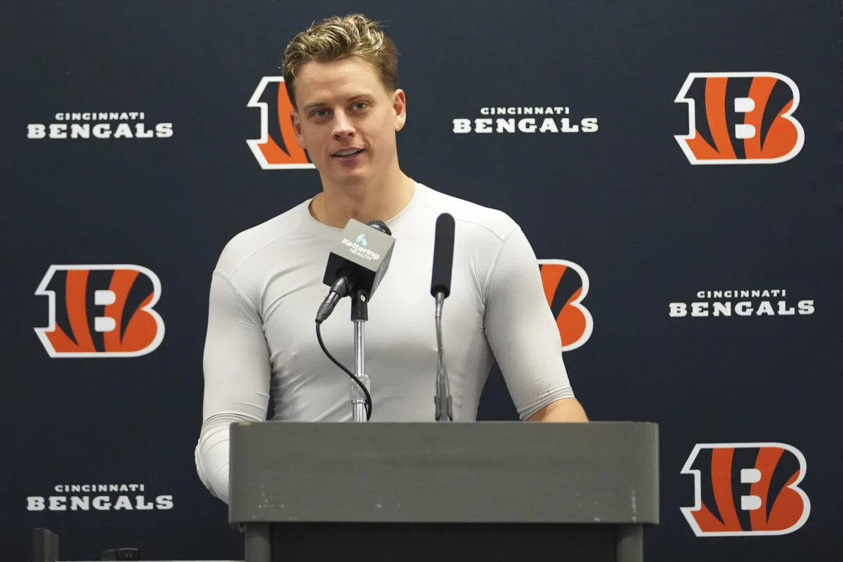 Cincinnati Bengals quarterback Joe Burrow talks during a news conference after an NFL football game against the Dallas Cowboys, in Arlington, Texas, on Dec. 9, 2024. (Julio Cortez/AP Photo)