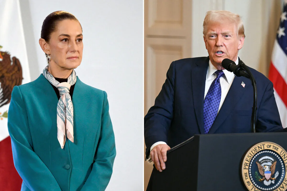 (Left) Mexico's President Claudia Sheinbaum listens to a question during her daily press conference at the National Palace in Mexico City on Nov. 6, 2024; (Right) President Donald Trump speaks in the East Room of the White House in Washington, DC, on Jan. 29, 2025. (Alfredo Estrella, Pedro Ugarte/AFP via Getty Images)