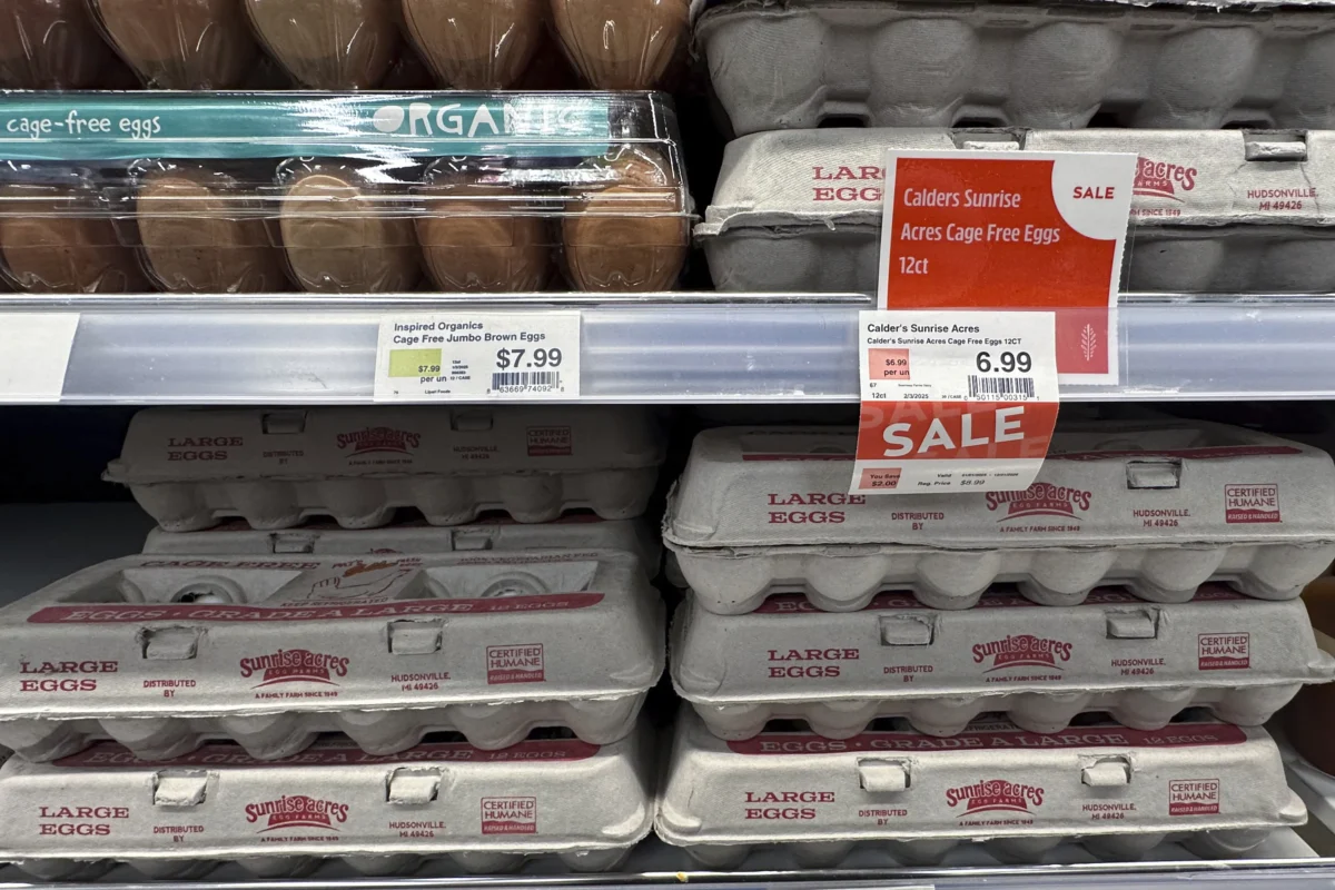 Egg cartons for sale are displayed at a grocery store in Grosse Pointe, Mich., on Feb. 7, 2025. (AP Photo/Paul Sancya)