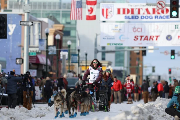 Samantha LaLonde (3), of Farmington Hills, Michigan, mushes during the Ceremonial Start of the Iditarod Trail Sled Dog Race in Anchorage, Alaska on March 1, 2025. (Amanda Loman/AP Photo)