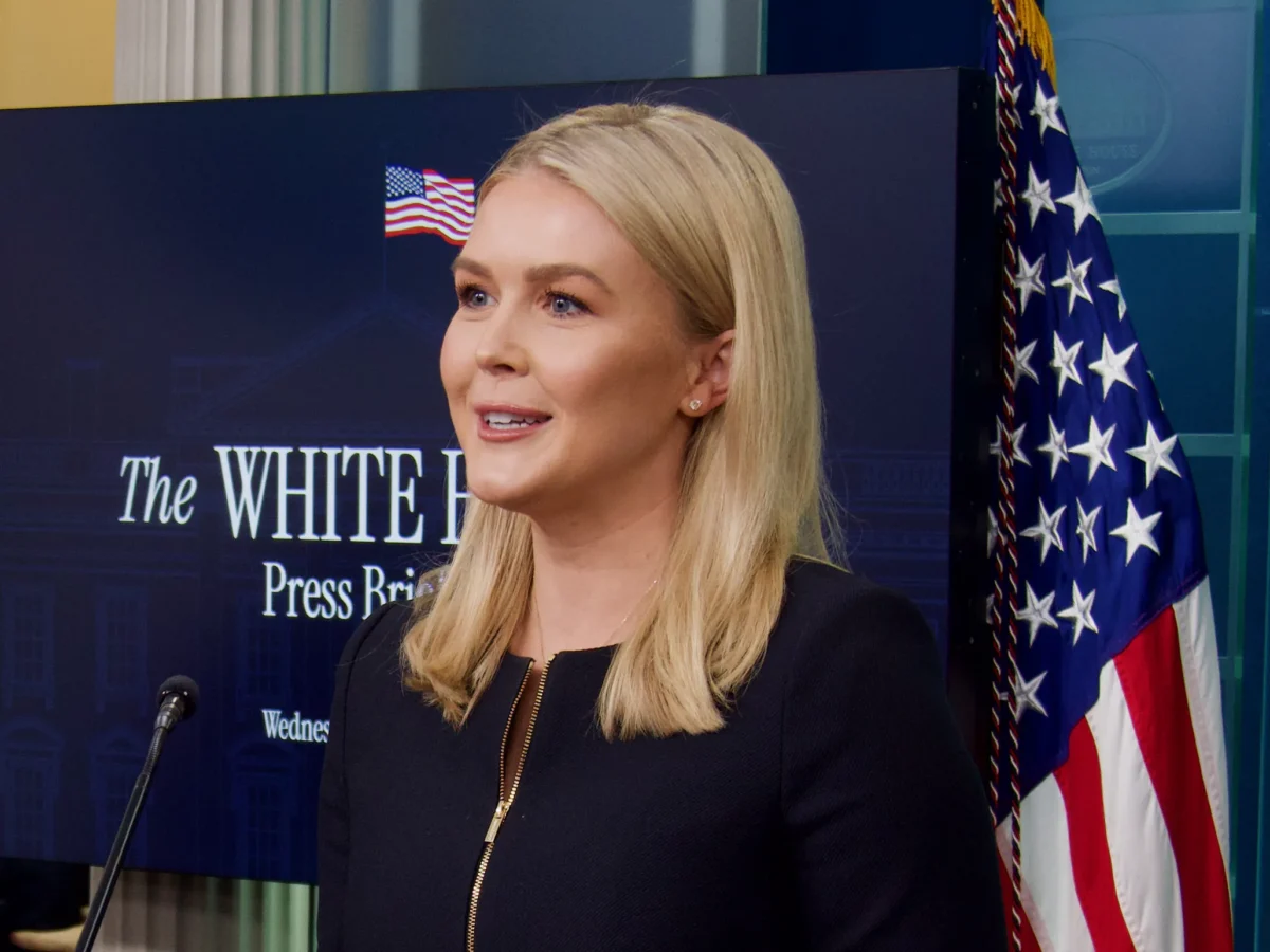 White House press secretary Karoline Leavitt addresses the media in the briefing room of the White House on March 5, 2025. (Travis Gillmore/The Epoch Times)