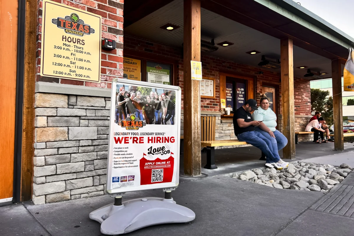 A hiring sign at a restaurant in Columbia, Md., on June 15, 2024. (Madalina Vasiliu/The Epoch Times)