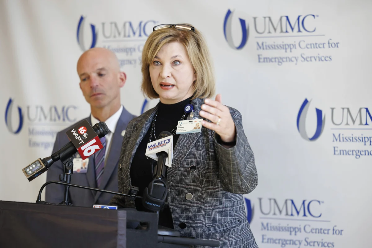 Dr. LouAnn Woodward, vice chancellor for health affairs, speaks to media after an AirCare medical transport helicopter crashed in Jackson, Miss., on March 10, 2025. (Melanie Thortis/University of Mississippi Medical Center via AP)