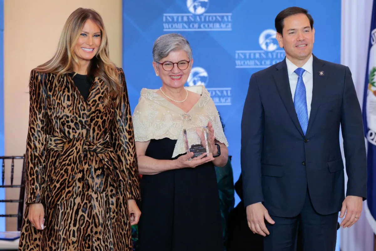 Melania Trump (L) and Secretary of State Marco Rubio pose with International Women of Courage Award recipient Angelique Songco of the Philippines during a ceremony in the Ben Franklin Room at the State Department's Harry S. Truman headquarters in Washington on April 1, 2025. (Chip Somodevilla/Getty Images)