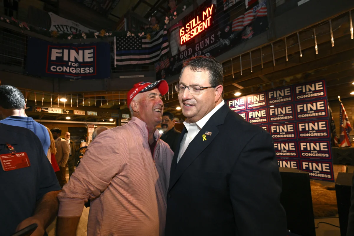 Republican candidate Randy Fine (R) meets with supporters after the special election for U.S. House District 6 was called in his favor, in Ormond Beach, Fla., on April 1, 2025. (Phelan M. Ebenhack/AP Photo)