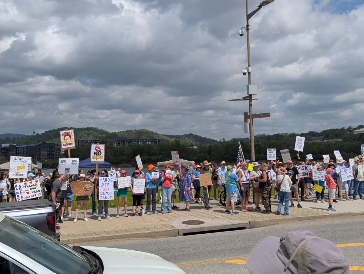 People take part in a protest against President Donald Trump and Elon Musk, in Chattanooga, Tenn., on April 5, 2025. (Ryan Morgan/The Epoch Times)