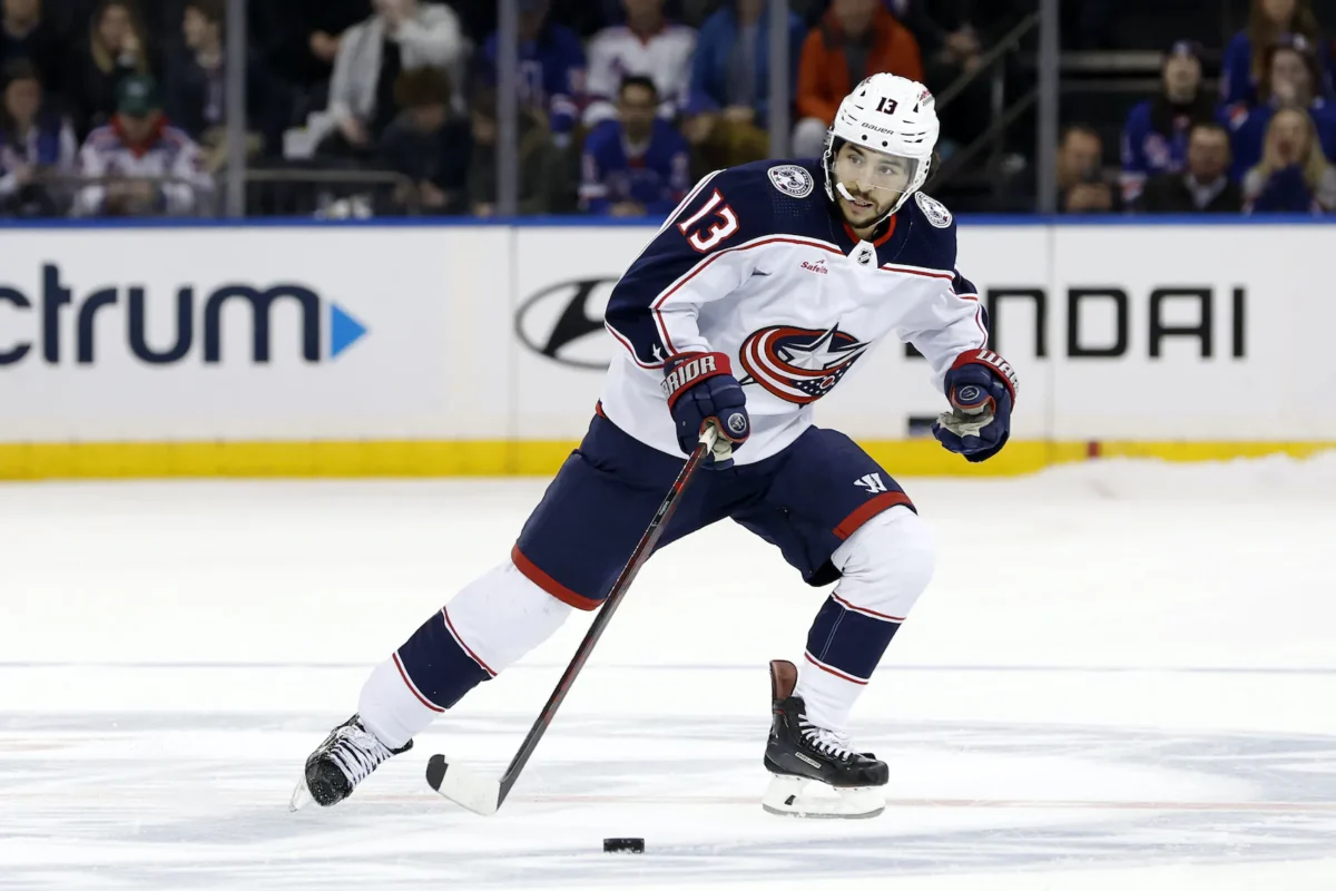 Johnny Gaudreau #13 of the Columbus Blue Jackets controls the puck during a shootout against the New York Rangers at Madison Square Garden in New York City on Nov. 12, 2023. (Sarah Stier/Getty Images)