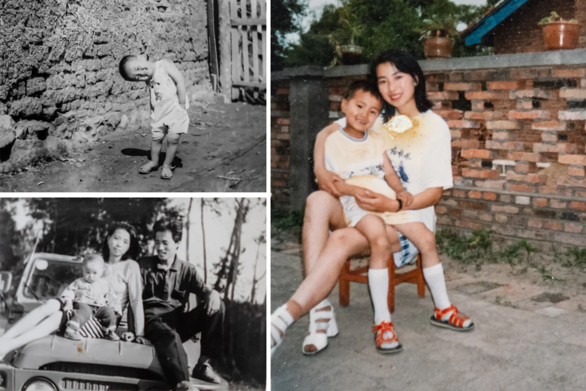 (Left) Photos of young Zhao Jiheng and his parents. While in China, the family faced constant arrests and harassment over their belief in Falun Gong, forcing them eventually to flee the country. (Right) A photo of Zhao Jiheng and his mother when he was young in China. (Samira Bouaou/The Epoch Times)